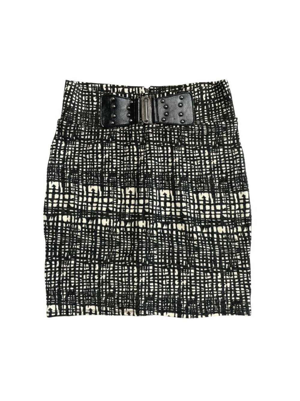 Lapis Size M Black & White High-Waisted Mini Skirt  Faux Leather Studded P0092